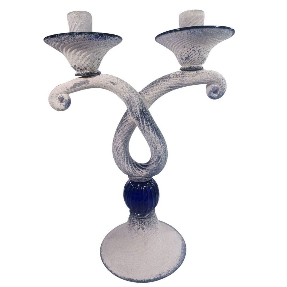 Murano Barbini Att Scavo 2-Arm Candelabra Candlestick Holder Cobalt Blue & White